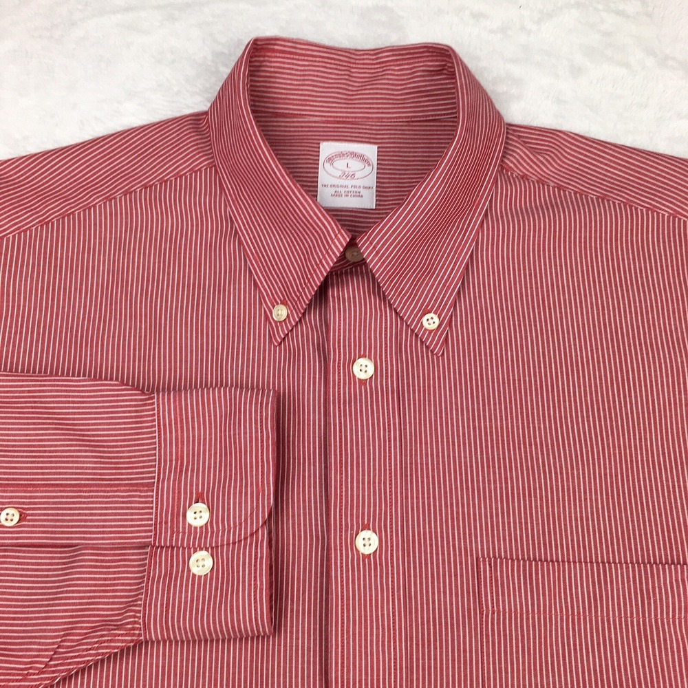 Brooks Brothers Men's Large Dress Shirt Red White Pinstripe Long Sleeve